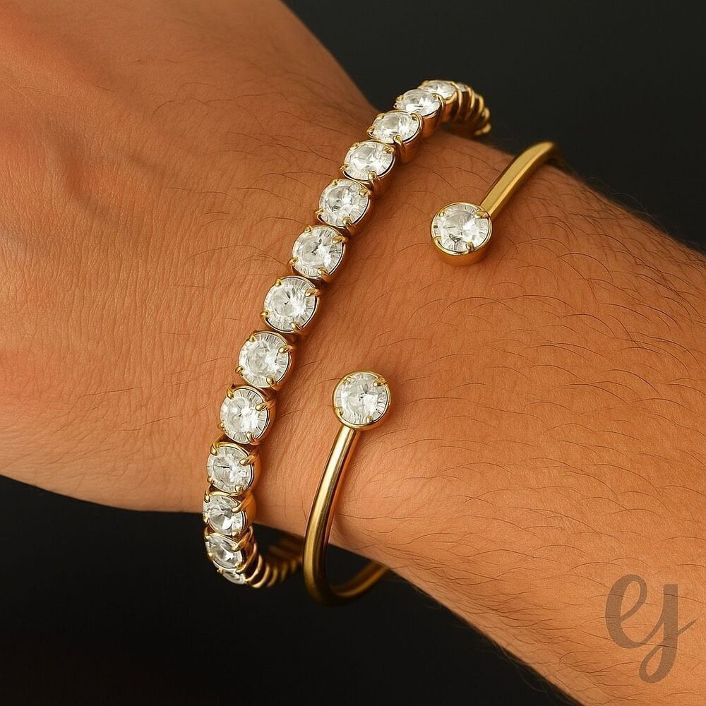 Set of 2 Gold Tone Bracelets with CZ Accents — Open Bangle Cuff and Stretch Duo